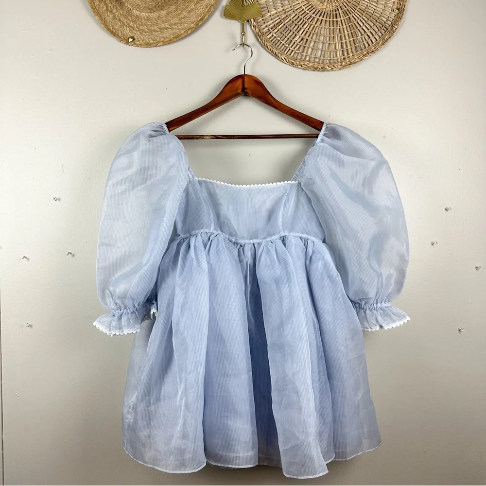 SELKIE The Puff Dress Sheer Blue Babydoll Pinstripe Dress Size Small - Picture 3 of 17